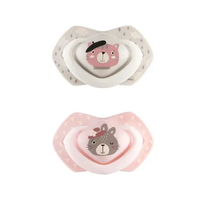 Two pacifiers are shown against a white background.