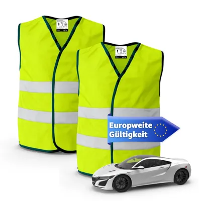 Produktbild von 2x Warnwesten Auto gelb ISO20471 - Pannenweste 2024 & 2025 - Unfallweste Pkw Sicherheitsweste Weste Neongelb reflektierend Auto, Pkw, LKW