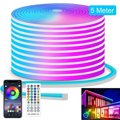 Produktbild von 5 m Neon-LED-Lichtstreifen, flexibles Neon-RGB-LED-Band, App- & Fernbedienungssteuerung, mehrere Modi, Musik-Synchronisation, Gaming-RGB-Lichtband