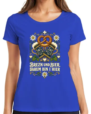Productafbeelding van Bier en pretzels, daarom ben ik hier. , Beieren, lederen broek, gezelligheid. Dames T-shirt, blauw, maat L