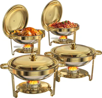 Zdjęcie produktu dla WARMOUNTS 4er Chafing Dish, 4,7L okrągły podgrzewacz bufetowy ze stali nierdzewnej z pokrywką i uchwytem ze stali nierdzewnej, polerowany na lustro na imprezę weselną