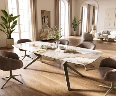 Produktbild von DELIFE Esstisch Edge Boot 260x120 cm Keramik Minas Melange Weiß-Beige Zenthara kantig Metall Effektfinish Titan