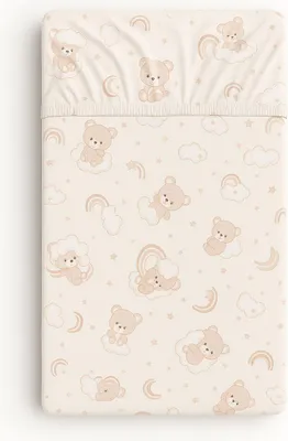 Produktbild von Baumwoll-Spannbettlaken für ein Kinderbett 120x60 cm - beiger Teddybär mit Regenbogen