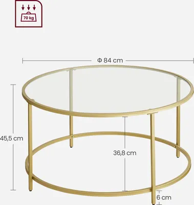 Zdjęcie produktu dla VASAGLE stolik kawowy ze złotą żelazną ramą Ø84 x 45,5 cm okrągły szklany stolik solidne szkło hartowane stolik sofowy stabilny stolik do salonu dekoracyjny złoty LGT21G