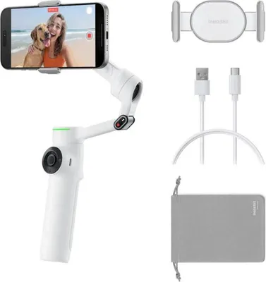 A smartphone gimbal stabilizer with accessories laid out on a white background.