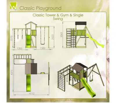 Zdjęcie produktu dla Wendi Toys drewniana wieża do zabawy Dino ze zjeżdżalnią, ścianką wspinaczkową, huśtawką i piaskownicą nature 438x561x307 cm
