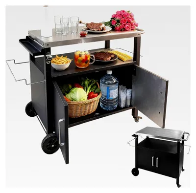 Produktbild von Grilltisch für den Außenbereich mit großer Edelstahl-Tischplatte – Beistelltisch und Gartenwagen