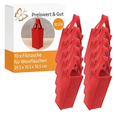 Produktbild von 10x Filztasche für Weinflaschen 29,5x10,5x10,5cm – Weintasche Rot 2 Henkeln Geschenktüten für Weingeschenk beim Rotwein