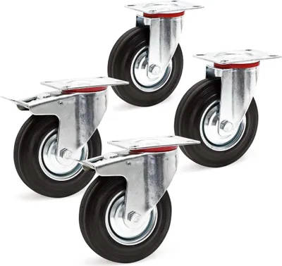 Produktbild von Wiltec Transportrollen Set 125mm 2x Doppelstopp-Lenkrolle und 2x Lenkrolle mit Vollgummirad, 100kg pro Rad