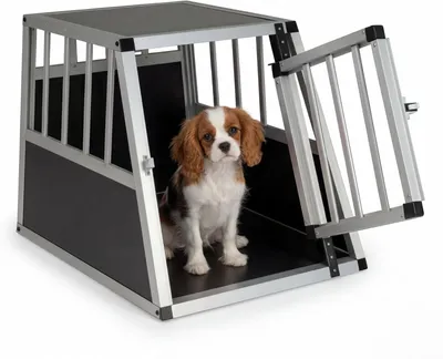 Produktbild von Alu Transportbox für Hunde, Hundebox für den Kofferraum (69x54x50cm) | trapezförmige Hundetransportbox mit abschließbarer Tür und herausnehmbarer Trennwand für kleine Hunde und Katzen