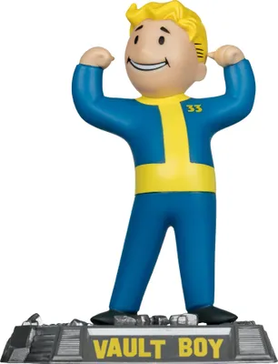 A Vault Boy action figure from the Fallout video game series stands on a display base.