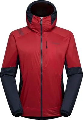 Rote Insulationsjacke "Across Lite Jacket" von La Sportiva mit Kapuze und schwarzen Ärmeln.