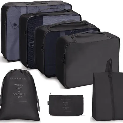 Image de Lot de 7 cubes de rangement UNIQ, noir - Kit d'organisation pour valises et sacs de voyage en polyester