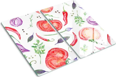 Obrázok produktu pre Sklenená ochranná doska – Kryt varnej dosky – Kryt na indukčnú dosku – 2x30x52 cm – Rýchle čistenie – Tvrdené sklo – Paradajky a korenie