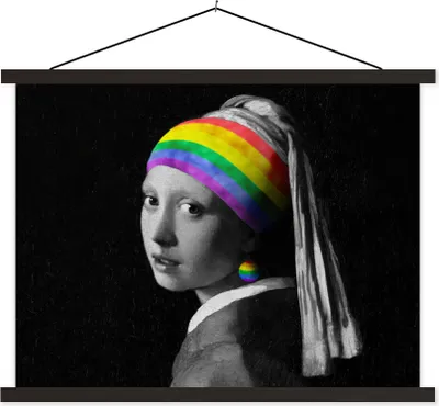 Produktbild von MuchoWow® Textilposter Das Mädchen mit dem Perlenohrring - Vermeer 150x113 cm mit schwarzem Rahmen - Wohnzimmer