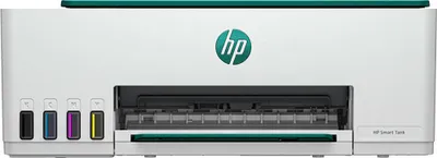 The back view of a white HP Smart Tank printer with green accents.