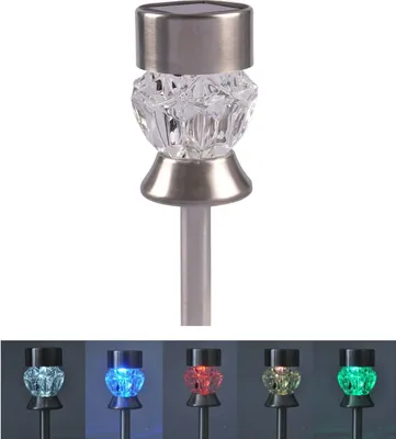 A single solar garden stake light with a faceted clear glass top and a silver metal cap and base, shown against a white background. Below this main image are smaller images showing the light in different colors.