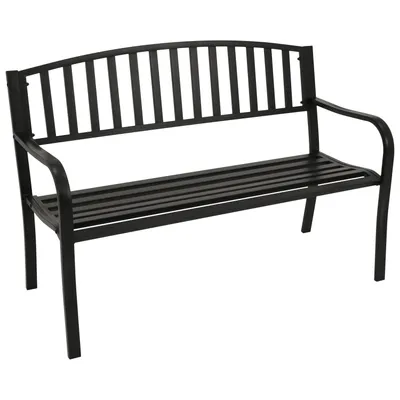 A black metal garden bench on a white background.