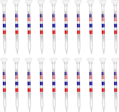 Produktbild von 20 Stück Golf-Tees, unzerbrechlich, reibungsreduzierender Kunststoff, 83 mm, Aufdruck der amerikanischen Nationalflagge, transparent, wiederverwendbar, seitlicher Spin, langes Golfzubehör