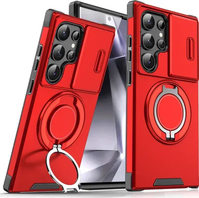 Image de Étui double couche pour Samsung Galaxy S24 Ultra, avec couvercle coulissant pour l'appareil photo et anneau magnétique Rouge
