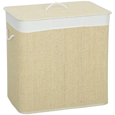 Obrázok produktu pre Košík na prádlo z bambusu s vekom, 3 priehradky, objem 144 litrov | Farba: krémová | Rozmery: 40 x 60 x 60 cm