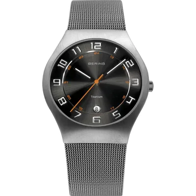 A Bering men's watch with a gray dial and a mesh strap, shown from a front-facing perspective.