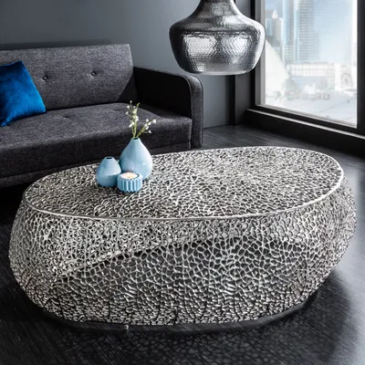 Produktbild von cagü: Couchtisch [NUBE] Silber aus Aluminium im Aststruktur-Design handgefertigt 122cm Oval