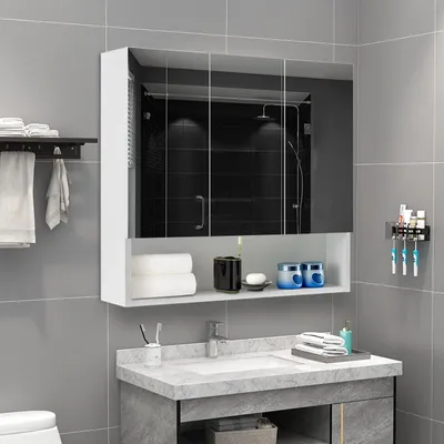 Imagen del producto de Espejo con armario de 3 puertas, estantes interiores ajustables, para montaje en pared, ideal para el baño