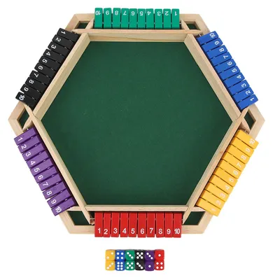 Produktbild von „Shut The Box“-Würfelspiel für 6 Spieler: „Shut The Box“-Tischspiel aus Holz mit 6-seitigen Würfeln in 6 Farben und 12 Würfeln