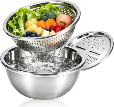 Productafbeelding van RVS keukensieve, 3-in-1 groentesnijder met afgietzeef, 2000 ml, voor in de keuken
