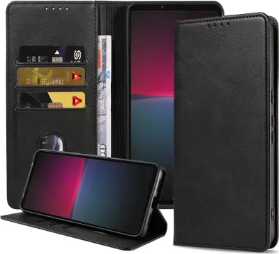 Image de Smartphonica Etui pour téléphone portable Sony Xperia
10 IV Étui en faux cuir avec fermoir magnétique et porte-cartes Étui de livre
avec rabat - Noir
