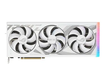A white ASUS ROG STRIX RTX 4080 graphics card with three fans and RGB lighting on the side.