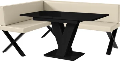 Produktbild von MEBLINI Eckbank für Esszimmer mit ausziehbarem Tisch  - Küchenbank - Essecke - Sitzecke Küche - TONI - X-Beine 128x168x87cm Links - Creme Kunstleder/M Schwarz Hochgl.