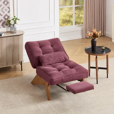 Image de LVHOM Fauteuil relax avec fonction chaise longue, fauteuil lounge avec dossier réglable, fauteuil de sol en velours côtelé et bois massif, pour salon, bureau, rouge