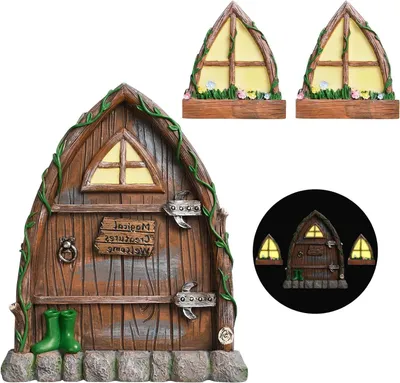 Productafbeelding van Miniatuur Deurtje - Elfentuin Accessoires - Tuin Decoratie - Lichtgevend in Donker - 3 Delig - Bruin