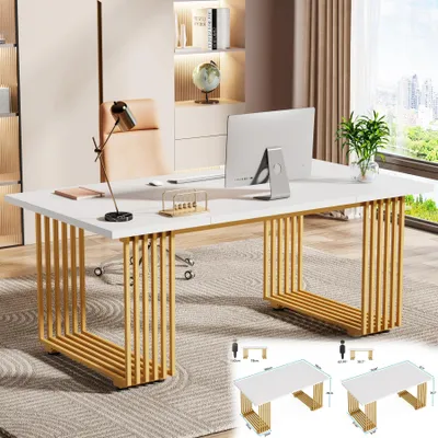 Obrázek produktu pro Moderní psací stůl – velký počítačový stůl 180 cm – pro 2 osoby – kovová konstrukce – pracovní stůl pro domácí kancelář – bílá a zlatá 01