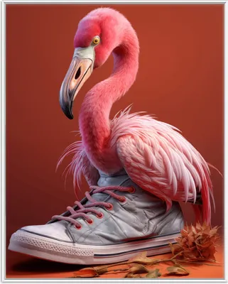 Produktbild von Wallario Wandbild Flamingo im Sneaker, Größe: 40,30 x 50,30 cm, Poster mit weißem Aluminiumrahmen