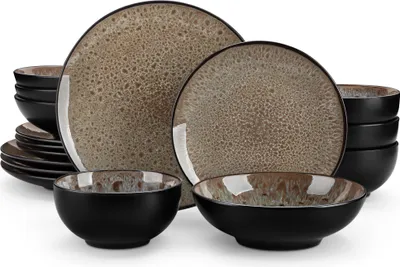 Obrázek produktu pro Stolní servis pro 4 osoby, 16dílný porcelánový jídelní servis, sada nádobí s jídelními talíři, dezertními talíři, polévkovými talíři a miskami, hnědá barva