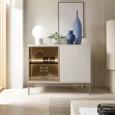 Produktbild von Moderne Geriffelte Kommode LAGOS K2D Kaschmir Matt LED Champagner Gestell Schrank Sideboard