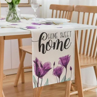 Imagen del producto de Mantel individual Unyqoos® de lino: moderno mantel decorativo con motivos florales bohemios, estampado de tulipanes lilas, ideal para la cocina y bodas, para uso interior y exterior, 40 x 140 cm