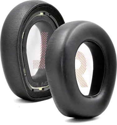 Two black ear pads for headphones are shown against a white background.