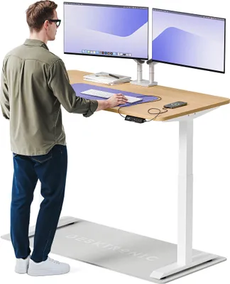 Image de Desktronic HomeOne Bureau électrique réglable en hauteur 140x70cm blanc/chêne avec fonction mémoire, technologie anti-collision, ports de recharge USB-A et USB-C