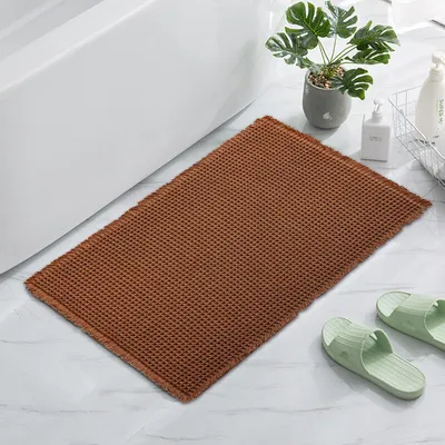 Image de (Café, M) Tapis de salle de bain absorbant avec tissu gaufré et bord à franges - Tapis de bain doux, à séchage rapide, antidérapant pour douche, lavabo et tapis de sol