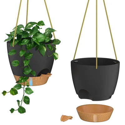 Produktbild von 25 cm großer Hängeblumentopf, Hängepflanzgefäß aus Kunststoff für den Innen- und Außenbereich, für Zimmer, Decken, Balkone und Gärten (2er-Set, schwarz)