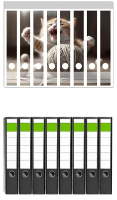 Produktbild von Wallario 8 Stück schmale Ordner inkl. Klebeetiketten mit Motive Katze mit Wollknäuel -  Set mit Rückenschildern / Ordnerrücken Stickern