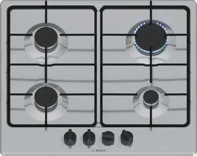 A top-down view of a stainless steel gas cooktop with four burners. One burner is lit.