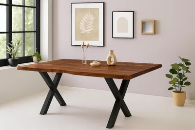Produktbild von Esstisch Baumkante 260 x 120 cm Akazie Nussbaum massiv X-Gestell schwarz CALINDA