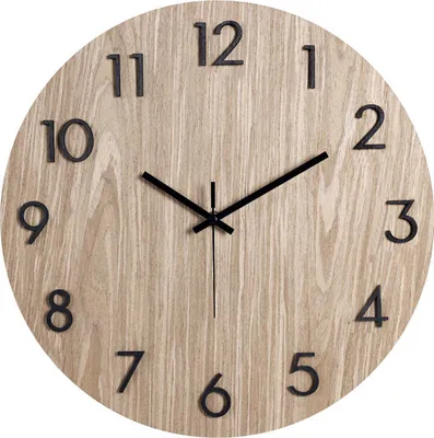 A close-up view of a round, wooden wall clock with black numbers and hands.