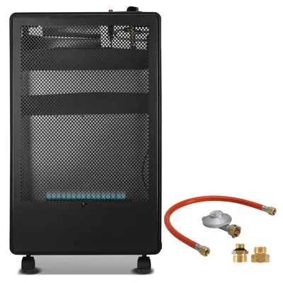 Immagine prodotto di Ikodm, riscaldatore a gas portatile, modello Blue Flame, 2200 W/3800 W, con regolatore di pressione e tubo flessibile, dotato di 5 ruote girevoli, inclusi 2 adattatori per prese europee