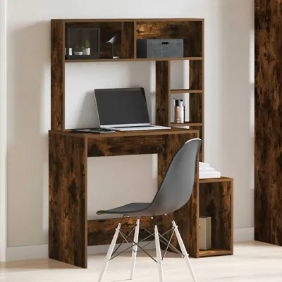 A wooden desk with a shelf unit and a chair in a room.